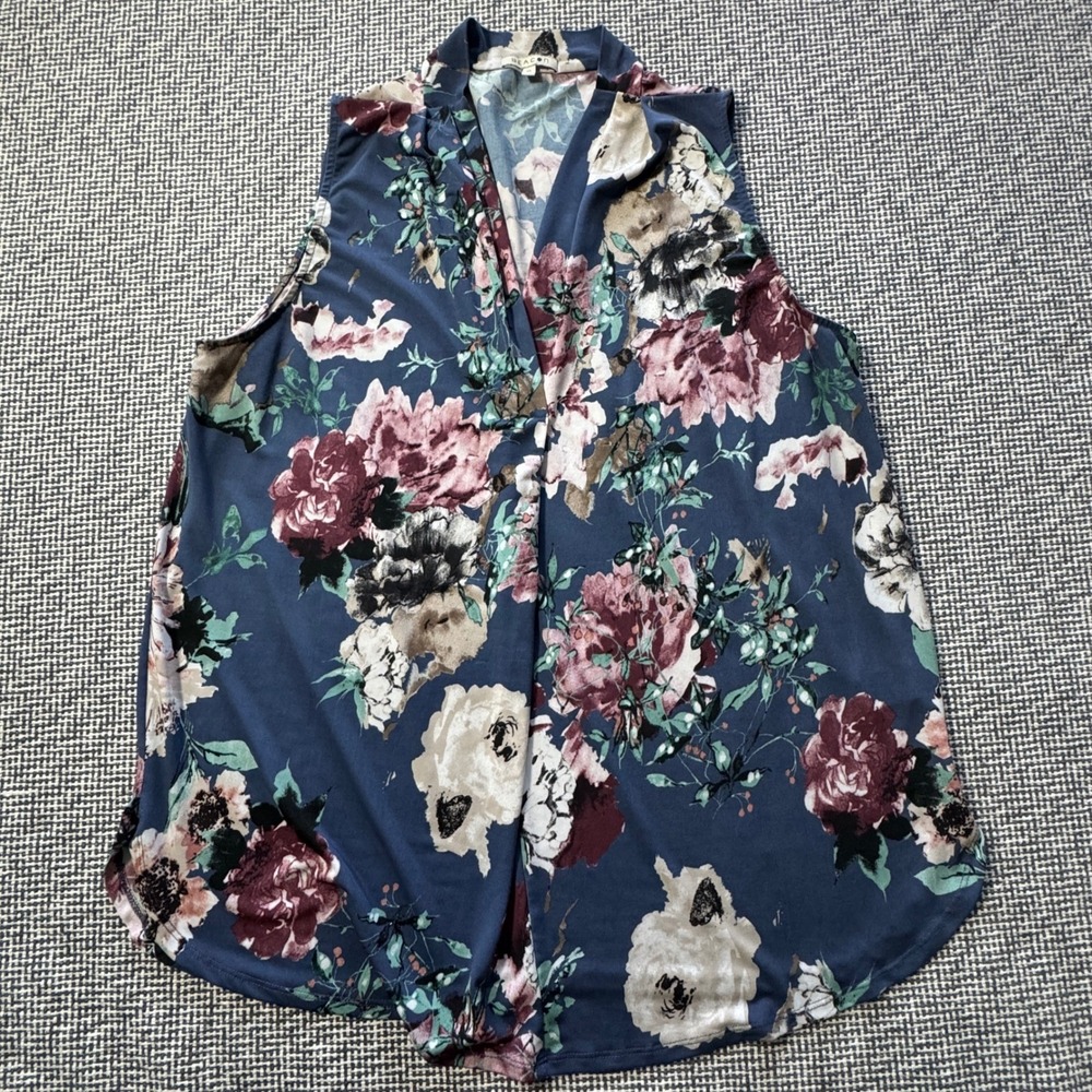 Beacon Womens XL Blue Floral Sleeveless V-Neck Draped Blouse High-Low Hem Top
